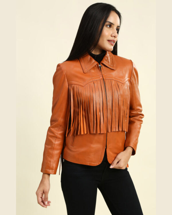 Lydia Tan Biker Leather Jacket with Fringes