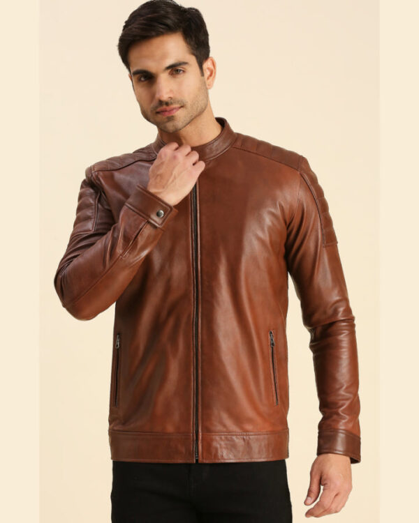 Desta Brown Leather Racer Jacket