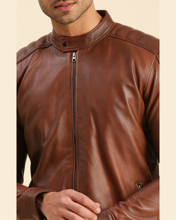 Desta Brown Leather Racer Jacket