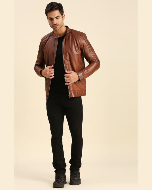 Desta Brown Leather Racer Jacket