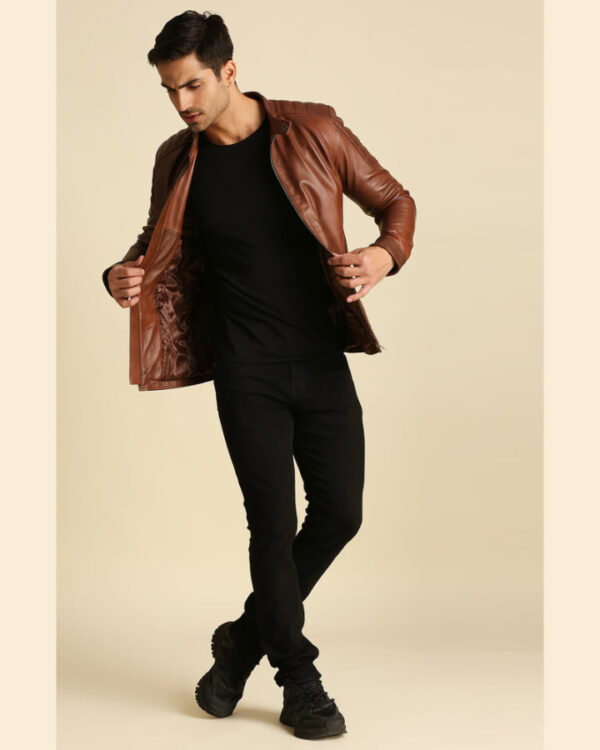 Desta Brown Leather Racer Jacket