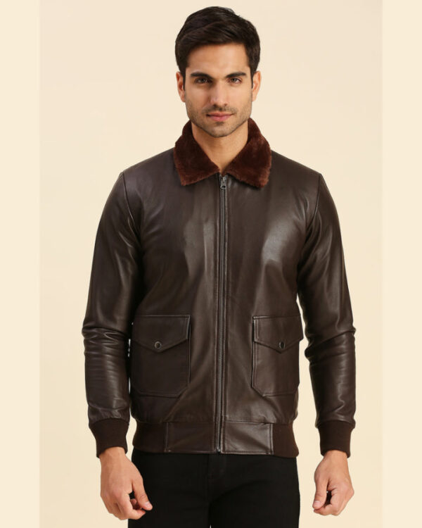 Graham Brown Bomber Leather Jacket With Shearling Collar