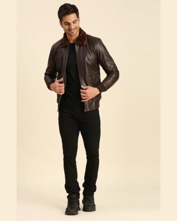 Graham Brown Bomber Leather Jacket With Shearling Collar