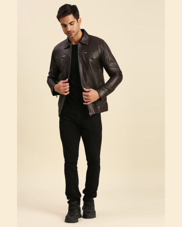 Iniko Brown Leather Racer Jacket