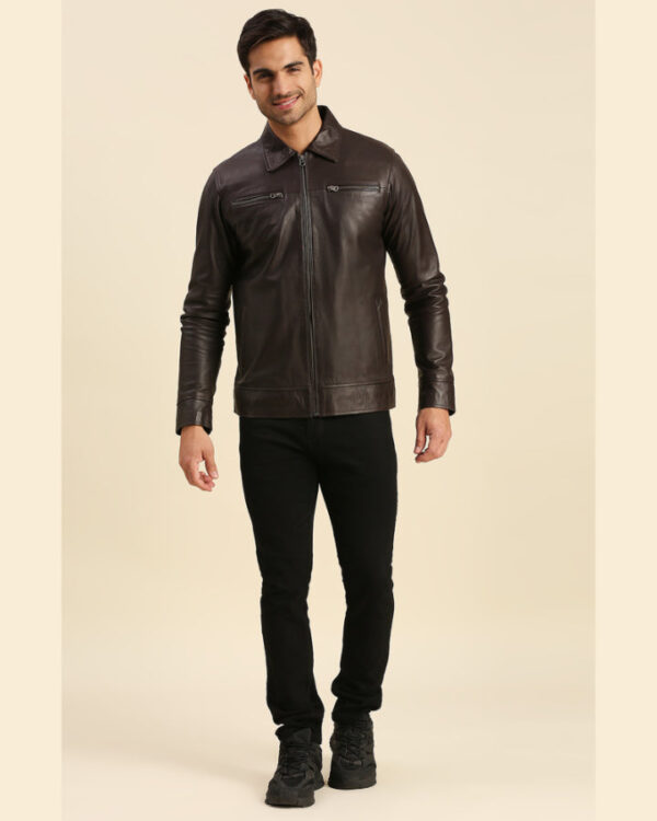 Iniko Brown Leather Racer Jacket