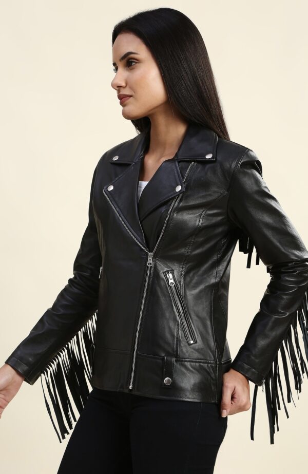 Calista Black Biker Fringes Leather Jacket