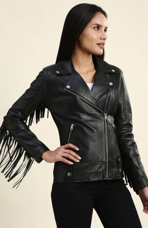 Calista Black Biker Fringes Leather Jacket