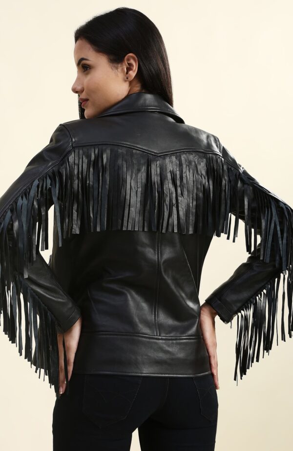 Calista Black Biker Fringes Leather Jacket