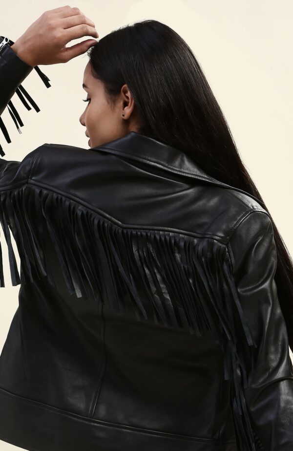 Calista Black Biker Fringes Leather Jacket