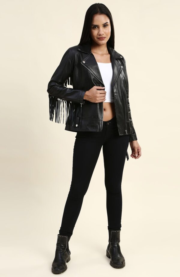 Calista Black Biker Fringes Leather Jacket