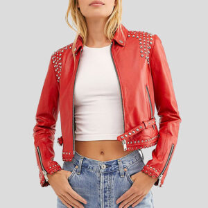 Zariah Red Cropped Studded Leather Jacket