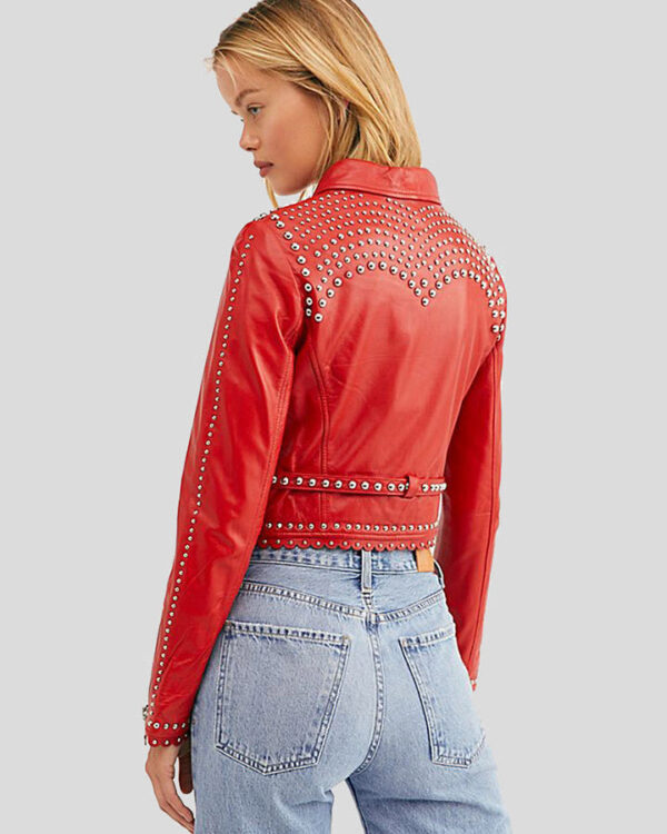 Zariah Red Cropped Studded Leather Jacket