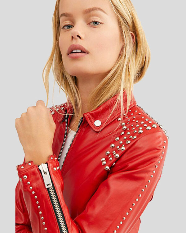 Zariah Red Cropped Studded Leather Jacket