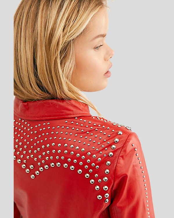 Zariah Red Cropped Studded Leather Jacket